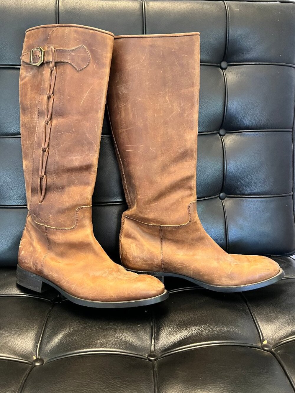 Tod's Brown Leather Knee High Riding Boots Rubber Pebble Sole Size 9